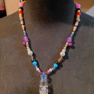 Handmade Multi-Color Beaded Necklace with Glass Vial Pendant